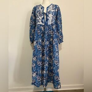Blue Floral Peasant Dress with Tie-Front Bodice, Size L